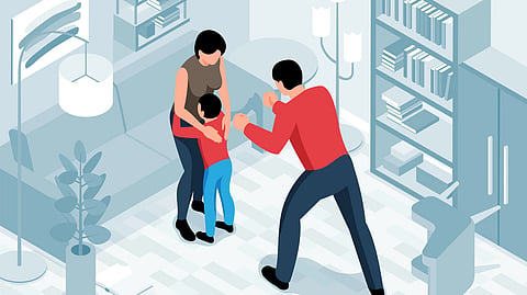 An isometric illustration shows a mother protecting her child from an aggressive father in a living room.