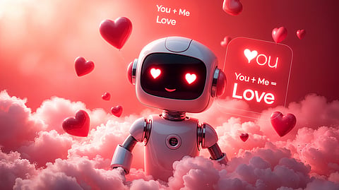 Cute white robot with red heart eyes smiling in pink clouds, red glow, heart balloons. Text "You + Me Love" and floating screen "You + Me = Love".