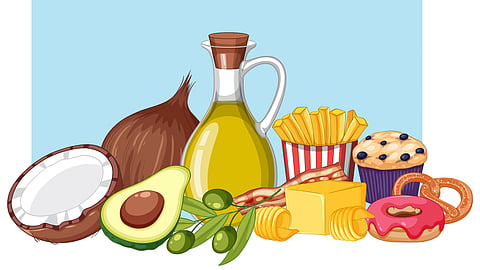 An illustration of foods rich in healthy fats and oils.