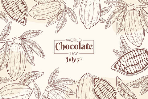 Hand drawn world chocolate day background with chocolate and cocoa bean