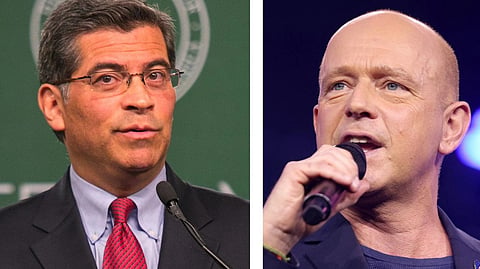 The left side of the image displays Xavier Becerra, and the right side displays Steve Hilton.