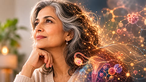 A thoughtful, artistic portrait of a serene woman in her early 60s with silver-streaked hair, looking into the distance with a confident, calm expression.