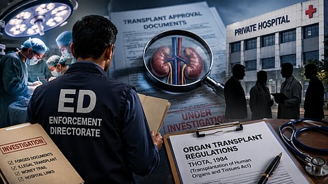 Illustration of kidney, magnifying glass, and hospital with documents.