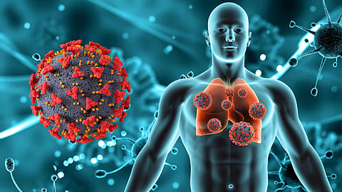 An abstract 3D medical illustration depicting a viral respiratory infection.