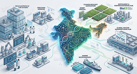 Editorial illustration of a futuristic India map formed by DNA strands, molecular networks, AI circuits, biotechnology laboratories & more