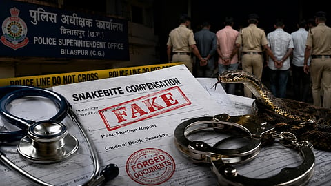 Illustration of a snake on documents with people standing showing their back and handcuffs.