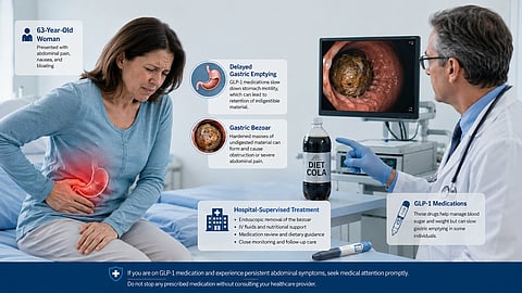 a 63-year-old woman clutching her abdomen in pain on one side. A doctor in a hospital points to a bottle labeled "Diet Cola" beside an endoscopy monitor.