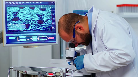 A scientist examines samples under a microscope in a research lab.