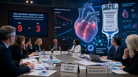 FDA advisory committee conference room with experts seated around a large meeting table reviewing clinical trial documents and graphs.