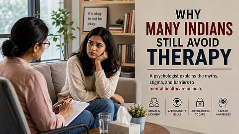 Represenattional image of a psychologist and her client in a clinic. And Text saying Why Many Indians still avoid Therapy.