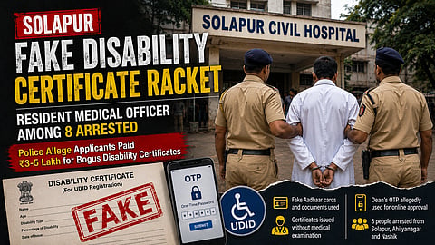 Representational image of 2 police man taking a white clothed man to jail outside solapur civil hospital and text on left, along with fake written on a disability certificate.