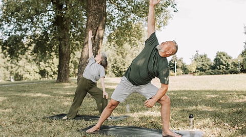 Two older adults practice yoga outdoors in a sunny park.