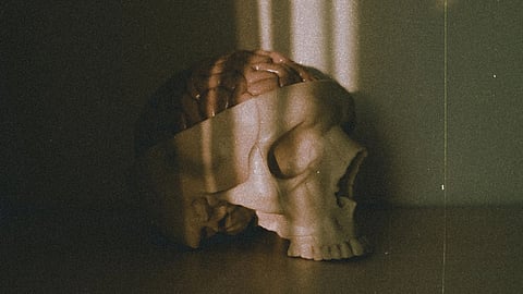 An anatomical skull model with an exposed brain in a dark setting.