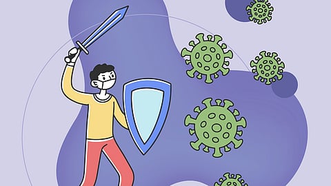 A person fights green virus particles, symbolizing the body’s defense against disease.