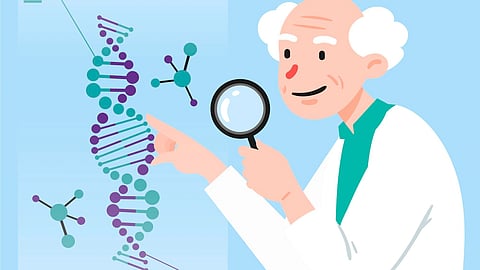 Elderly male scientist in a white lab coat examines a colorful DNA model in a glass chamber.