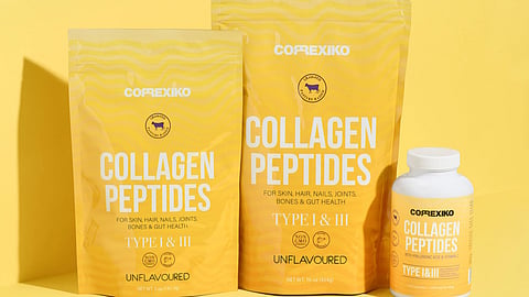 Collagen peptide tablets in yellow coloured packaging