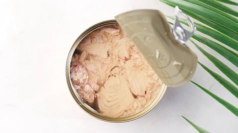 An open tuna can filled with light-colored tuna chunks on a white background with green leaves nearby.