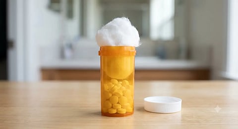 Cotton wadded tightly inside a clear pill bottle.