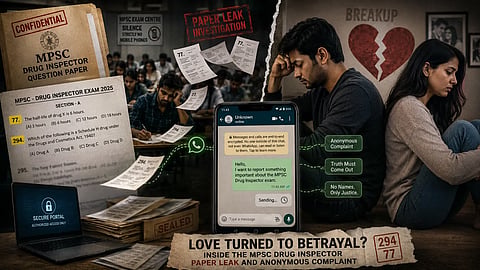 MPSC paper leak illustration showing WhatsApp, breakup and exam questions