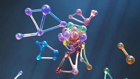 Genetic Material fragments with some molecules on a blue background