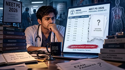A cinematic editorial illustration showing a young Indian doctor or NEET PG aspirant sitting in front of a large digital answer sheet filled with cryptic question IDs and option IDs.