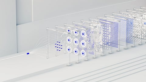 Visual abstraction of neural networks in AI technology, featuring data flow and algorithms