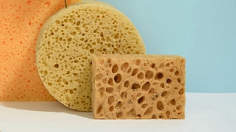 3 sponges in orange, yellow and peach.