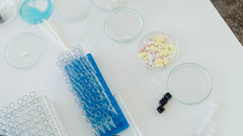lab desk with empty test tube racks