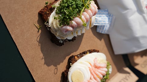 Two traditional Danish bread with shrimp and egg on rye bread in Copenhagen