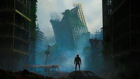 A man standing in the middle of a city surrounded by tall buildings