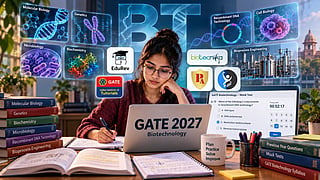 A biotechnology student at the center working through a digital mock examination on a laptop