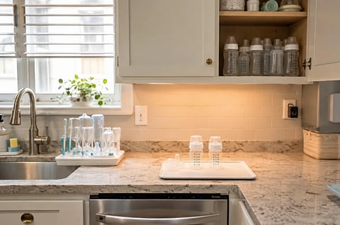 A clean kitchen counter set up for washing and drying baby bottles.