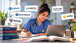 An illustration of a girl working on laptop and writing in notebook. With USMLE brands around.