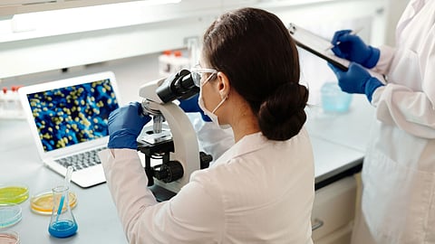 A female scientist in a lab coat examines samples under a microscope for research