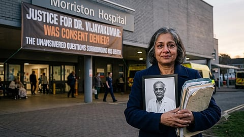 Illustration of Dr. Vijayakumar's daughter seeking justice for her father