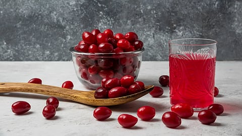Red cornel berries in a glass cup with juice aside.