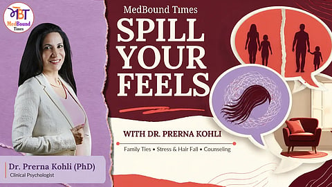 Landscape hero banner for MedBound Times' weekly mental health Q&A column, “Spill Your Feels with Dr. Prerna Kohli.”