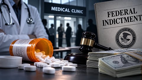 An illustration of pills, doctor and federal document.