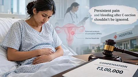 Woman admitted in the hospital with her hands over her belly