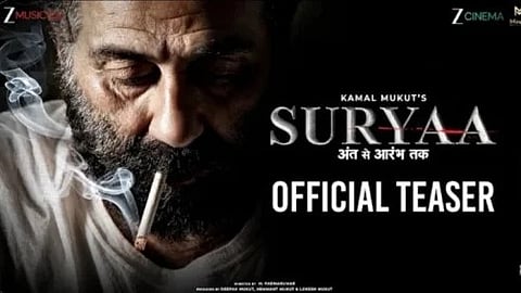Suryaa movie trailer with text on right and Sunny Deol's picture on left. 