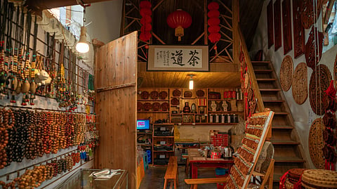 Cozy interior of a traditional craft shop in Xiamen, Fujian, China showcasing local handmade items