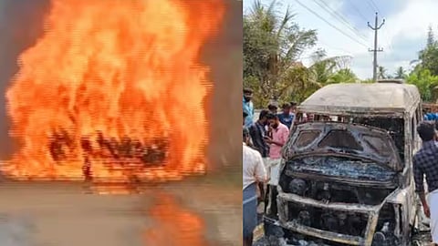 തൃശൂരിൽ ഓടിക്കൊണ്ടിരുന്ന ടെമ്പോ ട്രാവലറിന് തീ പിടിച്ചു