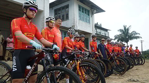Chinese cycling team members during a practice session at Ponmudi, Thiruvananthapuram.
