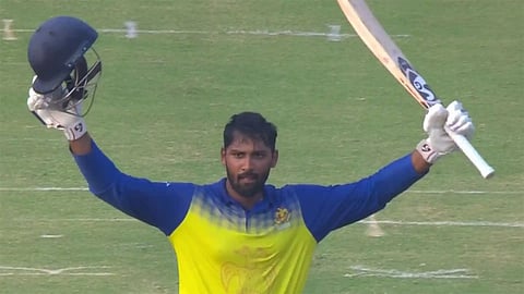 Karnataka batter R Smaran after his century against Vidarbha in Vijay Hazare Trophy final