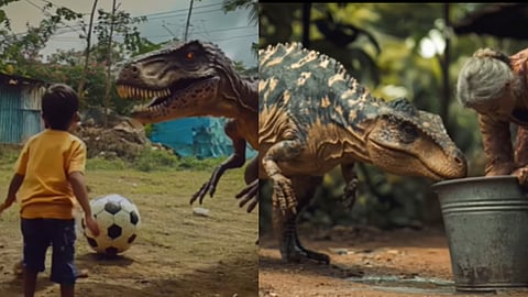 Viral video of dino mukk imaginary village human co existing with dinosaurs