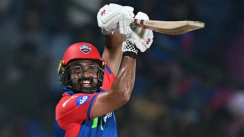 Delhi Capitals batter Karun Nair plays a lofted shot against Mumbai Indians in IPL 2025