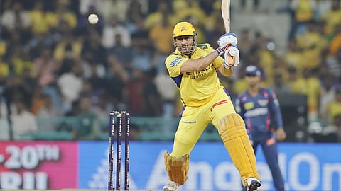 Chennai Super Kings captain MS Dhoni plays a shot against Lucknow Super Giants in IPL 2025