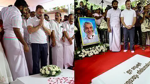 RahulGandhi  floral tribute to the late Oommen Chandy