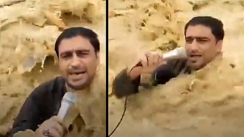 reporter is swept away live broadcast while covering the floods in neck-deep water