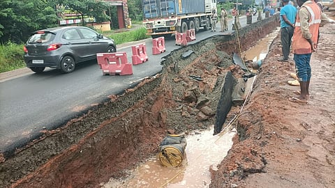 A newly constructed service road collapsed in the area where the national highway is being constructed in Muringoor